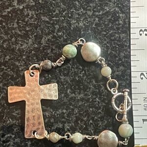 Silver tone and Green Beaded Cross Bracelet
